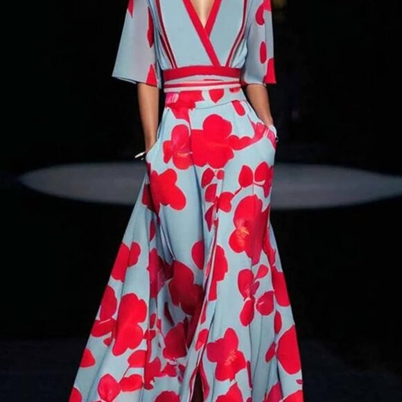 Blue and Red Short Sleeve Maxi Dress - Picture 1 of 4